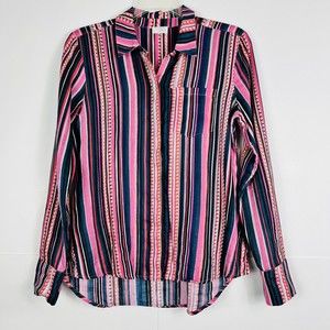 Ecru 100% Linen Women XS Button Down Streep Washed Shirt Striped Multicolor Pink